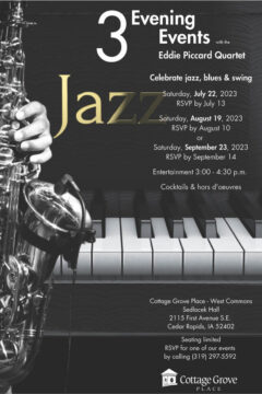 Cottage Grove Jazz event poster with image of a saxophone and piano